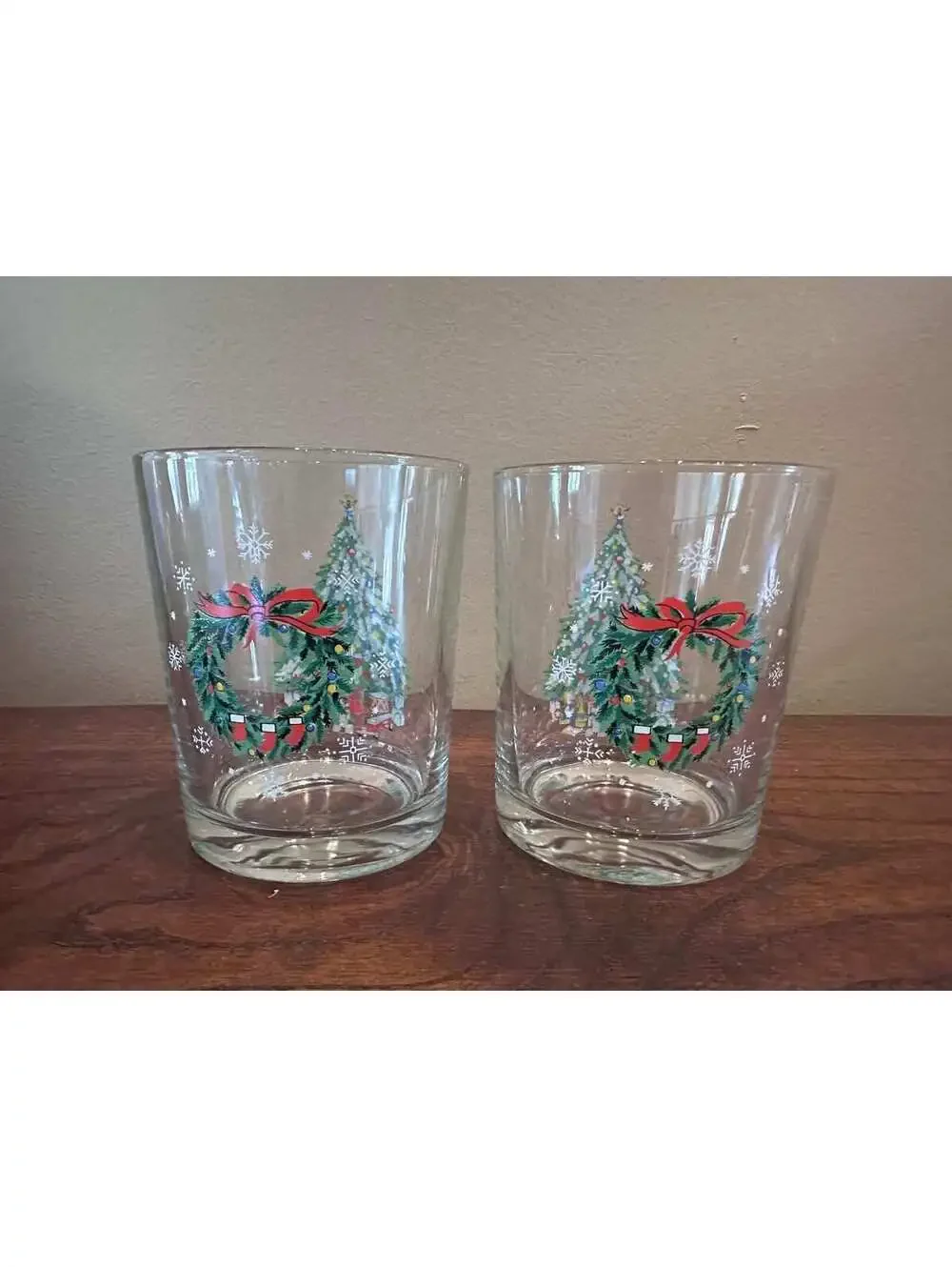 Salem Noel Christmas Tree and Wreath Lowball Rocks Glasses Set of 2